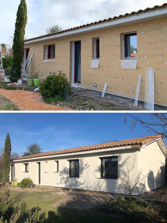 Avant après d'un chantier d'isolation thermique par l'extérieur en fibre de bois