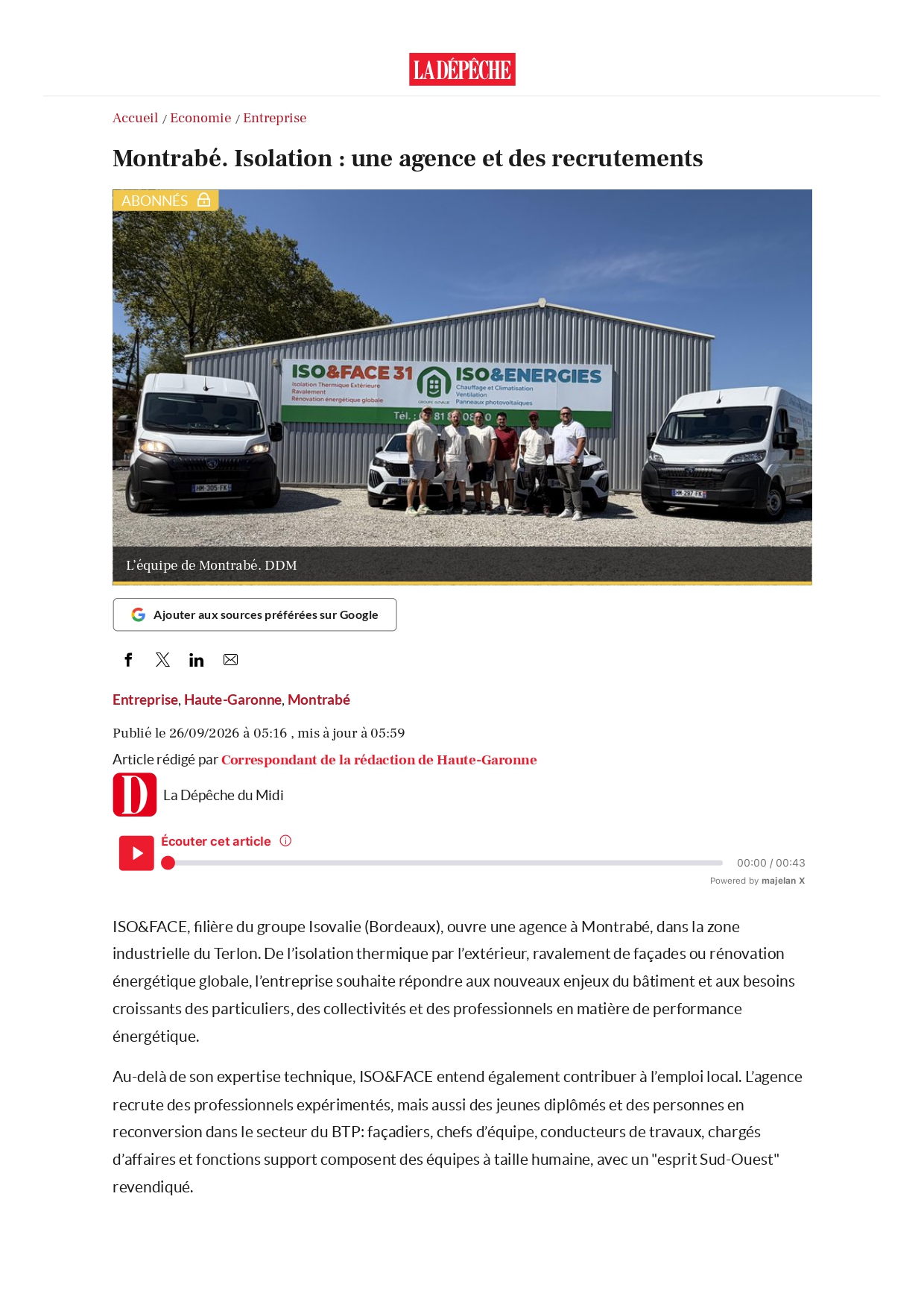 Article ISO&FACE31 dans la dépêche du midi
