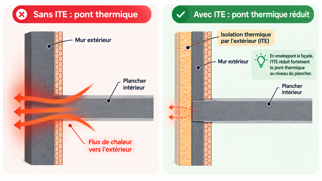 Schéma réduction des déperditions thermiques grâce au traitement des ponts thermiques